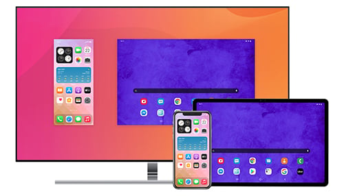 A phone and tablet wirelessly mirrored to a computer screen